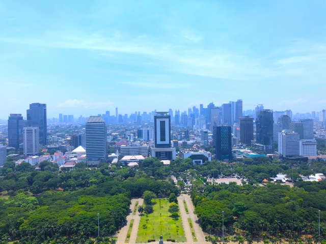 青空の下、インドネシアのビル群と、緑の大きな公園の写真